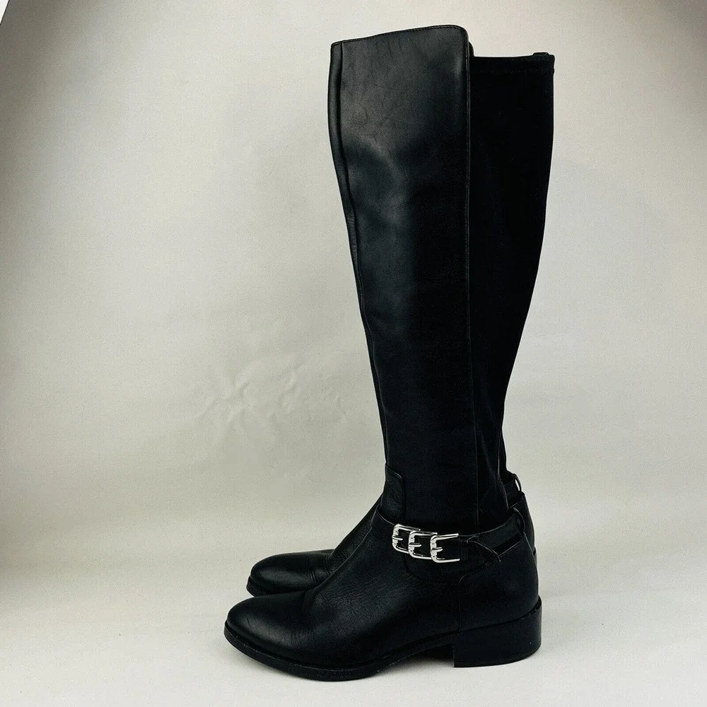 Womens 6M Donald Pliner Nellie Riding Boots Black Leather Knee High Elastic Back